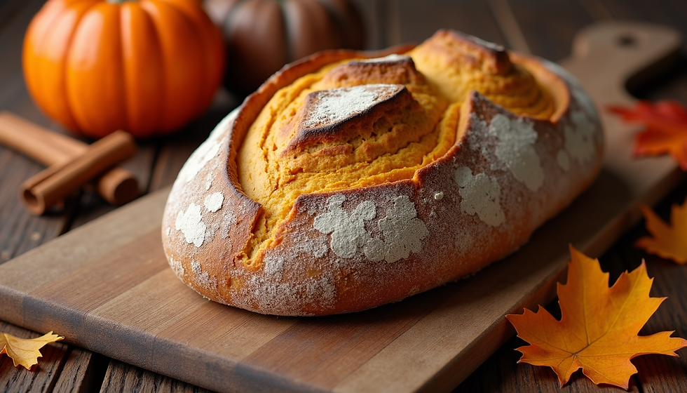 Rustic pumpkin cinnamon sourdough loaf with autumn leaves