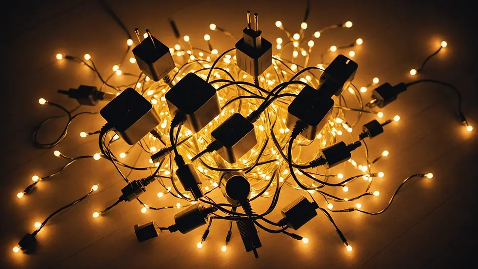 High angle view of holiday lighting powered by smart plugs