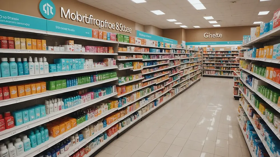 High angle view of a drugstore skincare aisle filled with budget-friendly brands