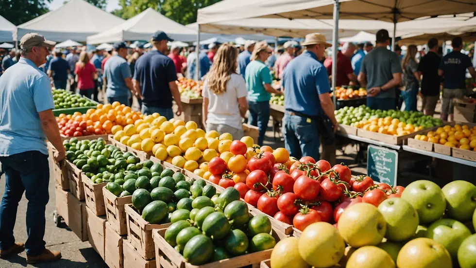 Close-up view of a busy Virginia farmers market on a sunny day