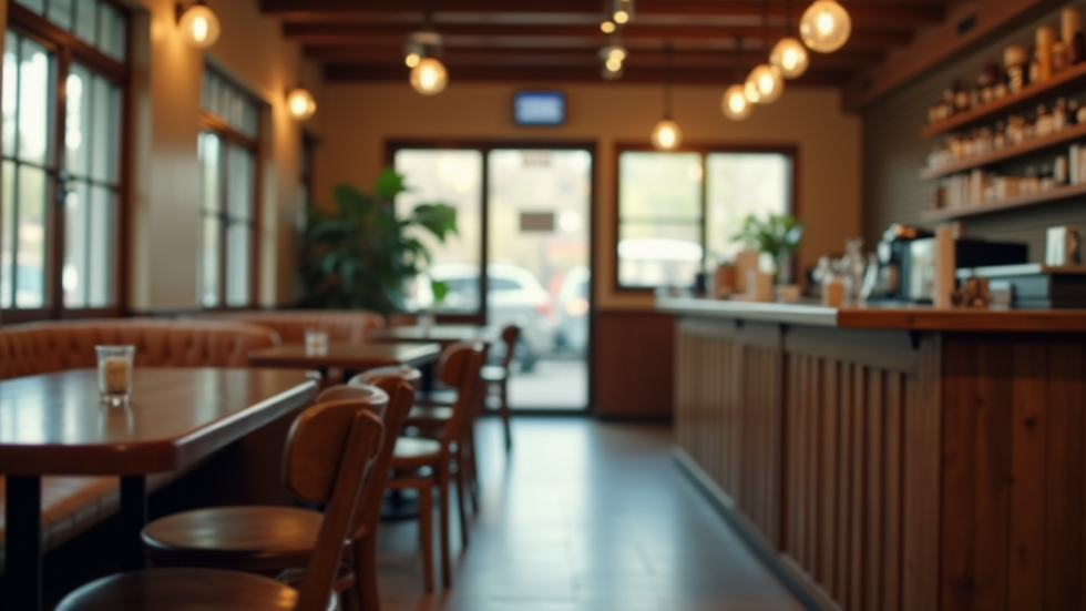 Eye-level view of a cozy local restaurant interior with wooden tables