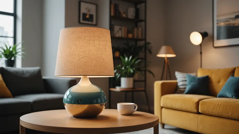 Eye-level view of a stylish modern smart lamp in a living room setting