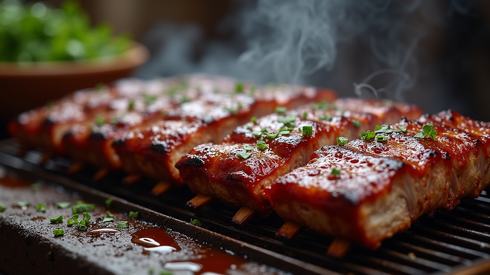 Close-up view of grilled ribs with smoky barbecue sauce