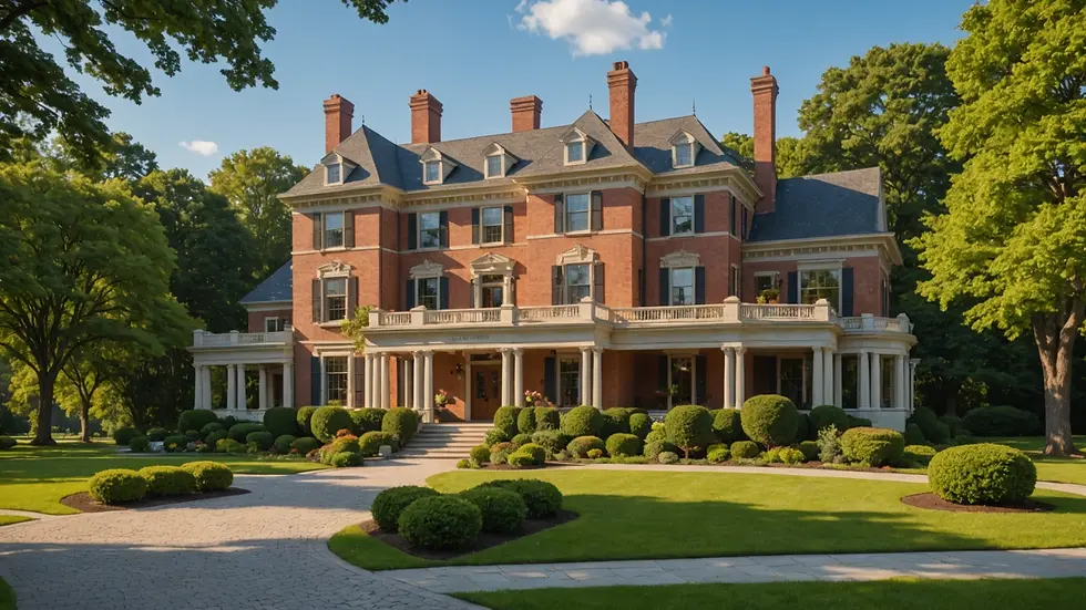 Eye-level view of Point of Honor mansion with beautiful landscaping