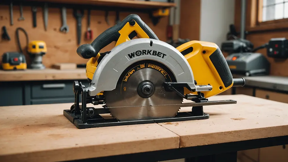 Close-up view of a circular saw on a workbench