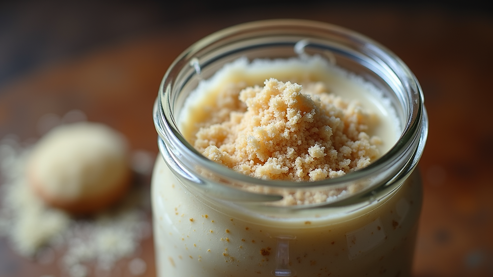 High angle view of a sourdough starter in a glass jar