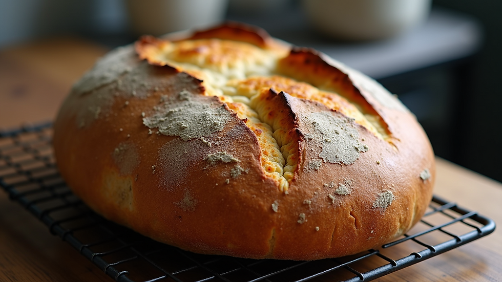 High angle view of a golden crusted sourdough loaf cooling on a rack