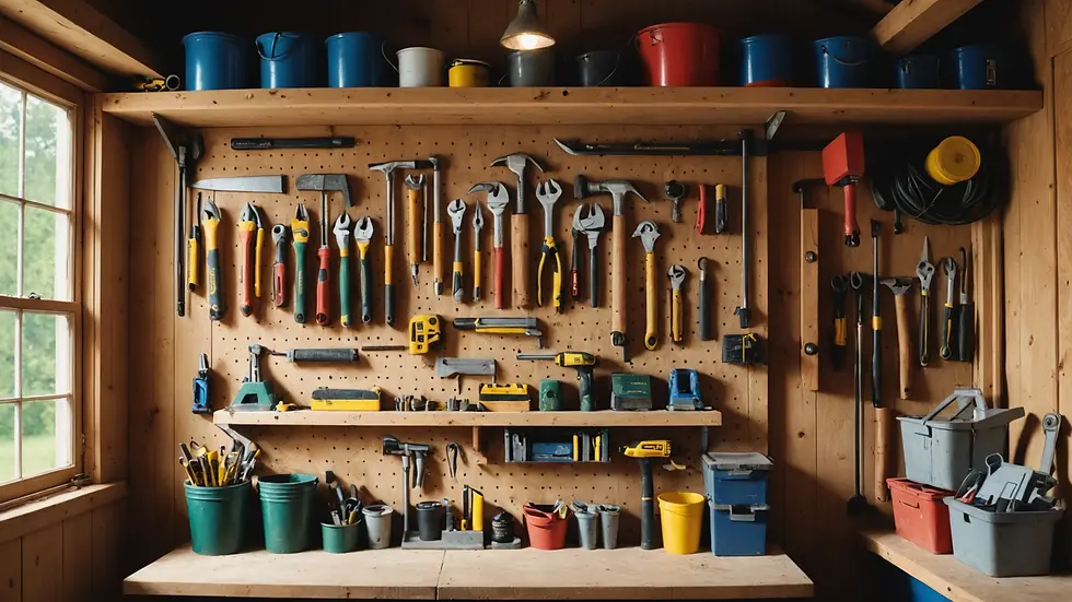 Eye-level view of a neatly organized tool shed with various tools hanging on the wall