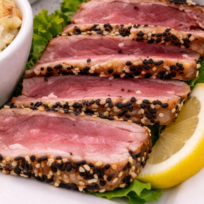 Fresh sesame crusted ahi tuna dinner served with two sides