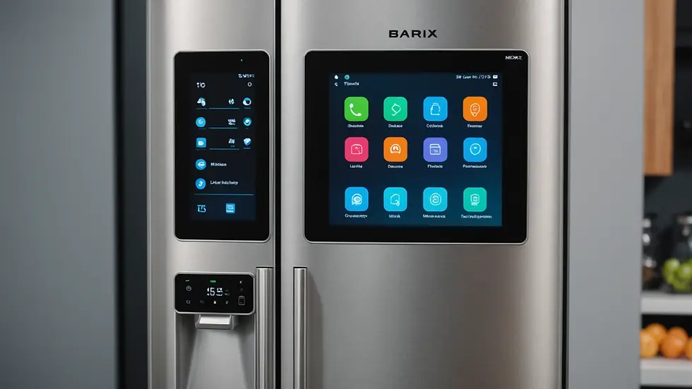 Close-up view of a modern smart refrigerator with a touchscreen interface