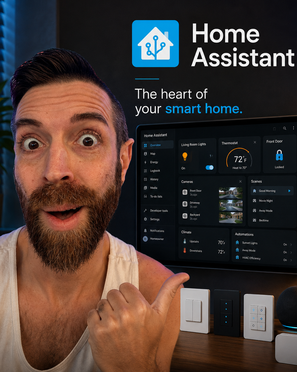 Man pointing to a Home Assistant smart home dashboard.