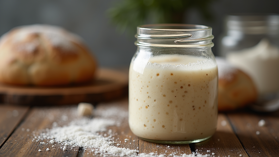 Close-up view of a sourdough starter bubbling in a glass jar