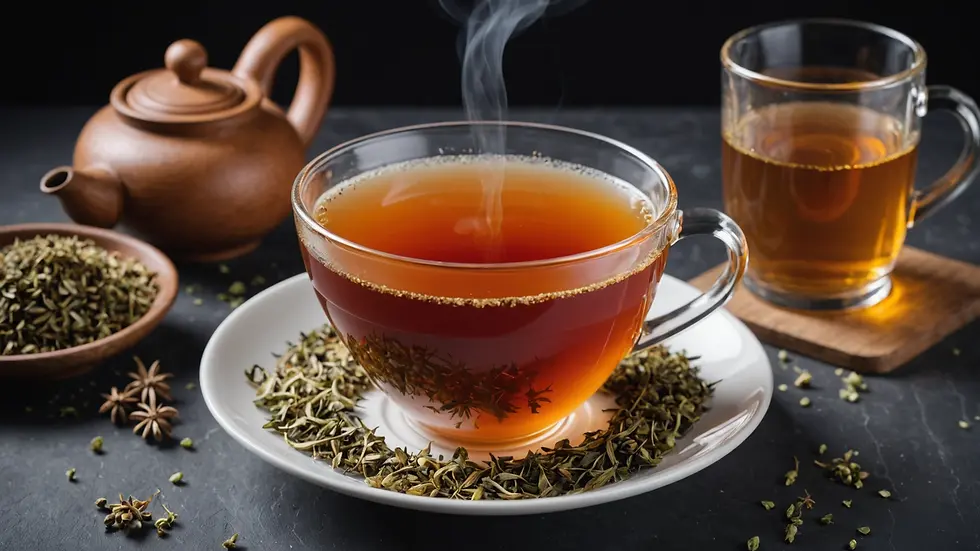 Eye-level view of a steaming cup of valerian root tea