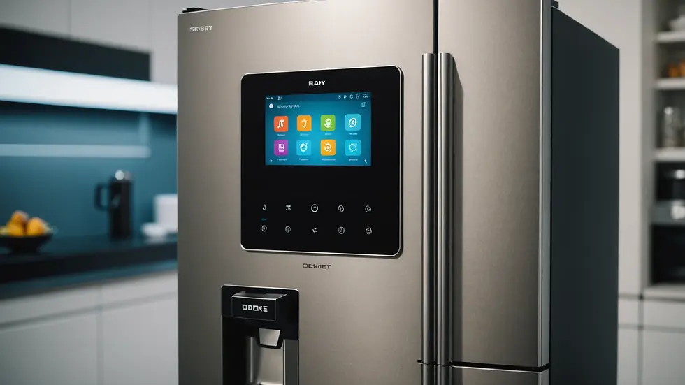 Close-up view of a smart refrigerator displaying its features