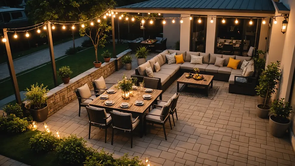 High angle view of a stylish outdoor patio adorned with smart lights