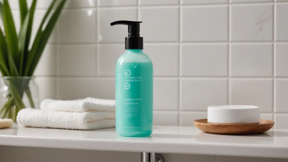 Close-up view of a cleanser bottle on a bathroom shelf