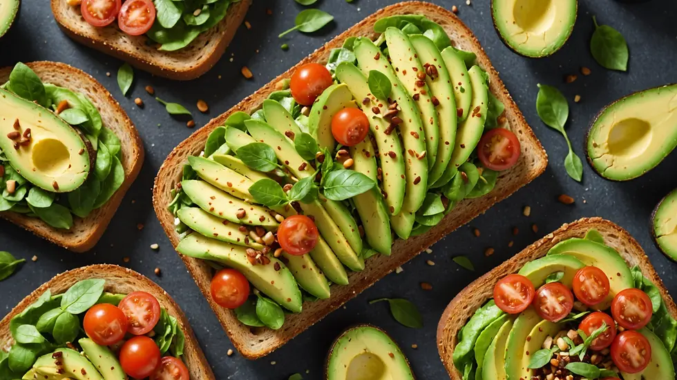 High angle view of a vibrant container of avocado toast with toppings