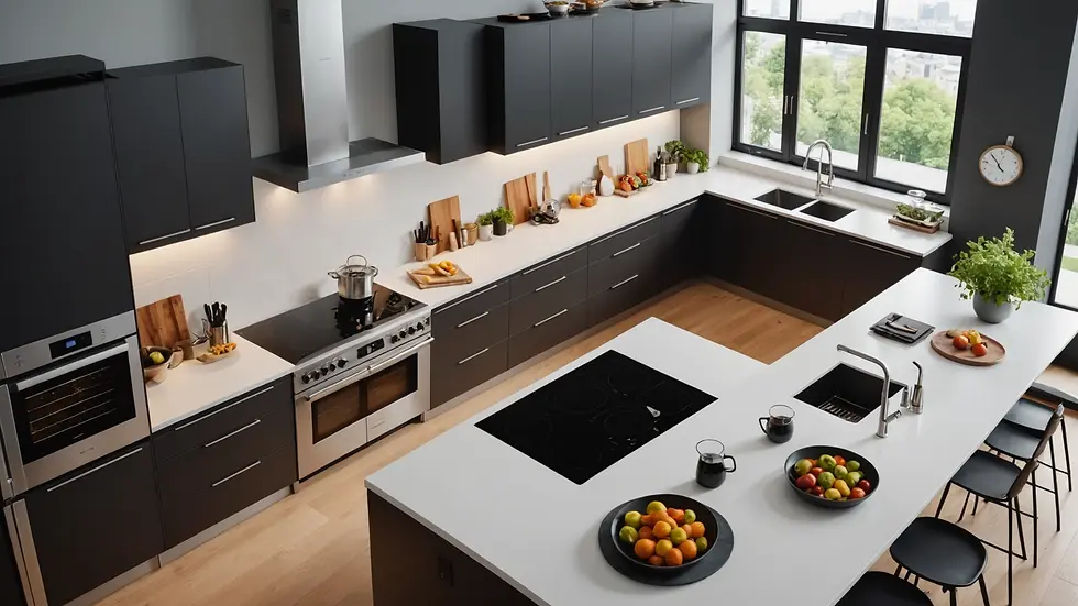 High angle view of a modern smart kitchen featuring energy-efficient appliances