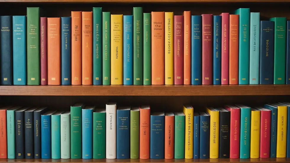 Eye-level view of an array of colorful books on a shelf