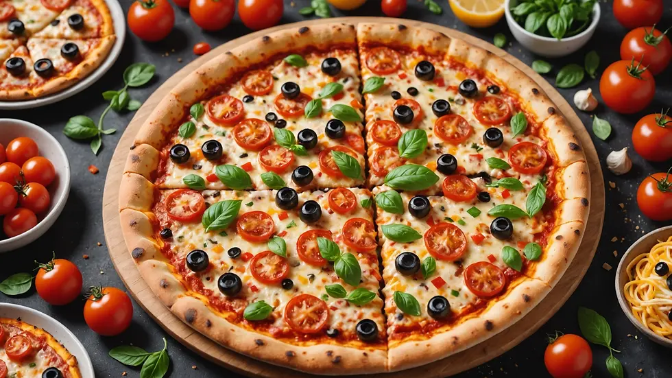 Eye-level view of a freshly baked pizza with vibrant toppings