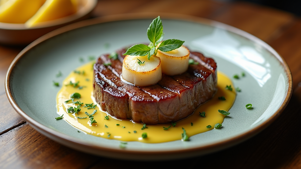 High angle view of a plated sirloin steak with scallops and lemon herb sauce
