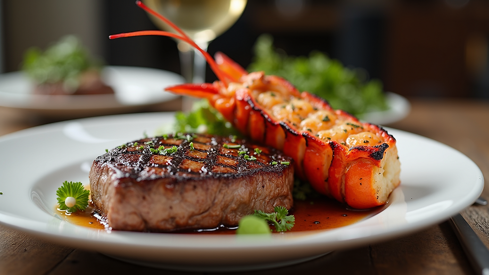 Close-up view of a grilled steak and lobster tail on a white plate