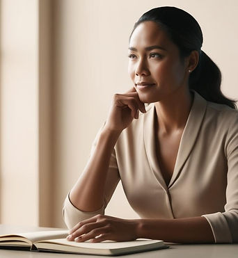 Make me an image of a women in the middle of thinking about his professional project..jpg