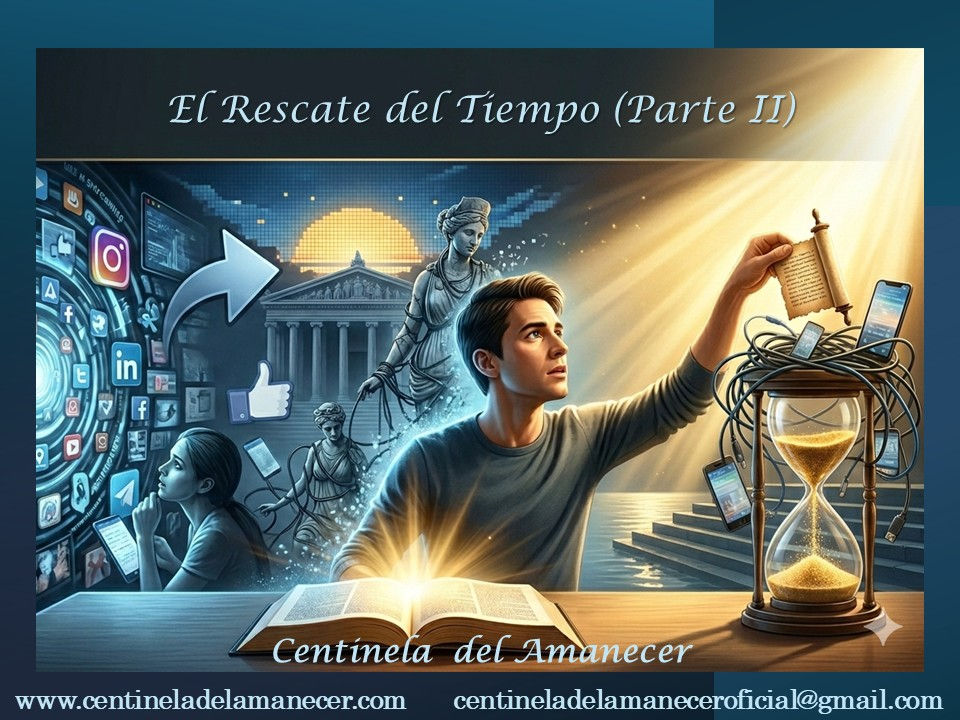 Hombre buscando la Verdad en un libro abierto bajo una luz intensa mientras un reloj de arena queda atrapado por cables y redes sociales.