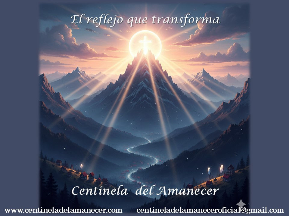 Paisaje de un valle rodeado de altas montañas en penumbra, con una luz radiante que brilla desde la cumbre iluminando el pueblo, y una cruz sutil difuminada en el resplandor.