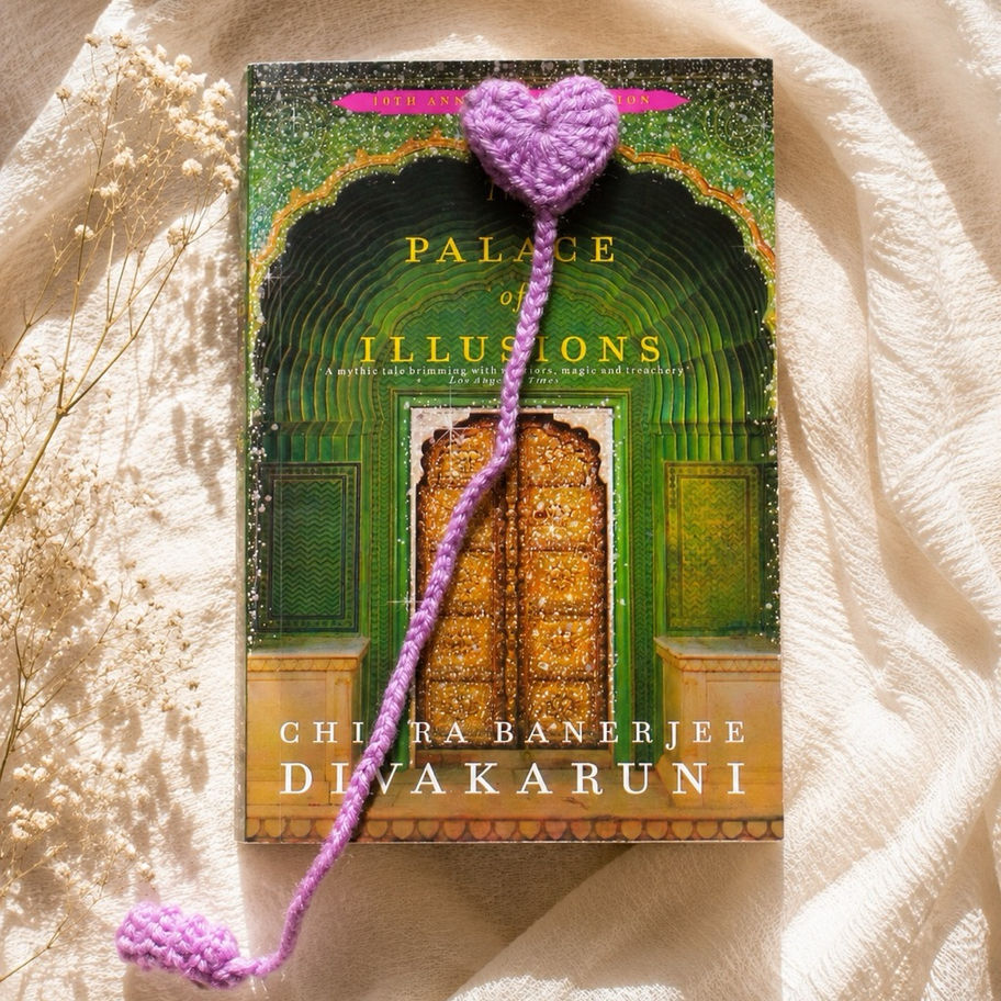 Handmade crochet heart bookmark in lavender acrylic yarn