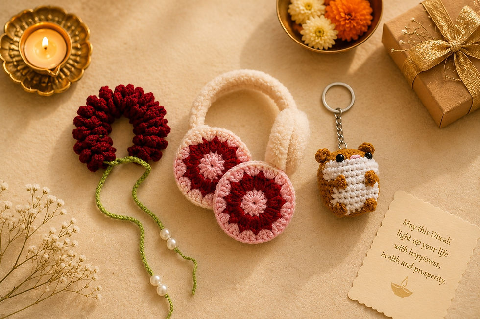 Diwali gifts under 500 handmade India — crochet keychains gajra ear muffs by Made of Hands Uttarakhand