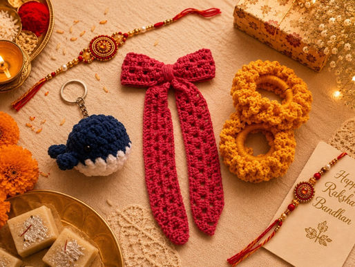 Rakhi return gifts India handmade — crochet keychains and hair accessories by Made of Hands Uttarakhand