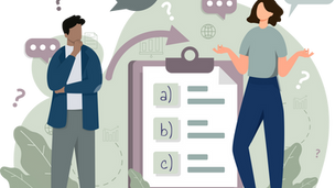 Two people in front of a survey with question marks around them