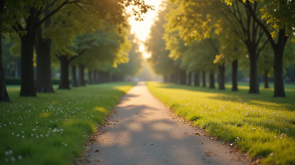 Eye-level view of a serene park with a walking path