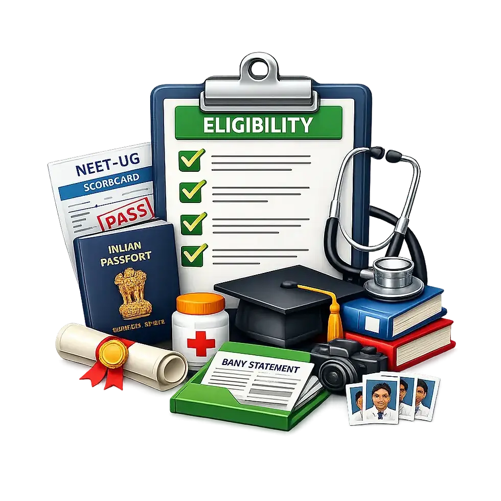 3D icon showing a blue clipboard with checklist, Indian passport, NEET‑UG scorecard, medical certificate, bank statement, and passport photos representing required documents for Indian students applying for MBBS admission in Kyrgyzstan.
