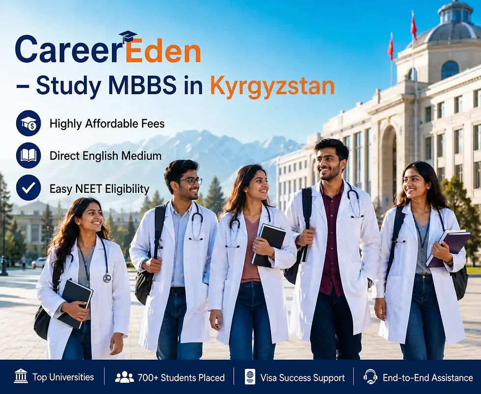 Indian medical students in white lab coats with stethoscopes on a modern university campus in Bishkek, Kyrgyzstan