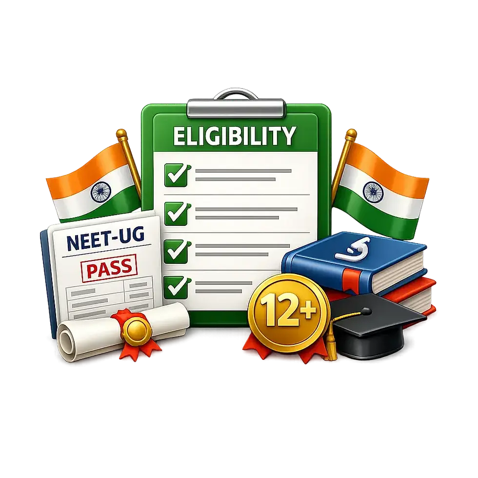 3D icon showing a green clipboard labeled Eligibility with checkmarks, NEET‑UG scorecard, graduation cap, diploma, and golden 12+ medal representing academic qualification requirements for MBBS admission.