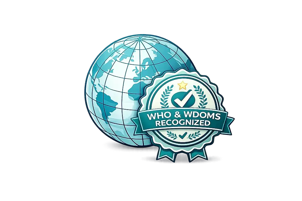 Globe with an official stamp badge icon representing WHO and WDOMS recognition