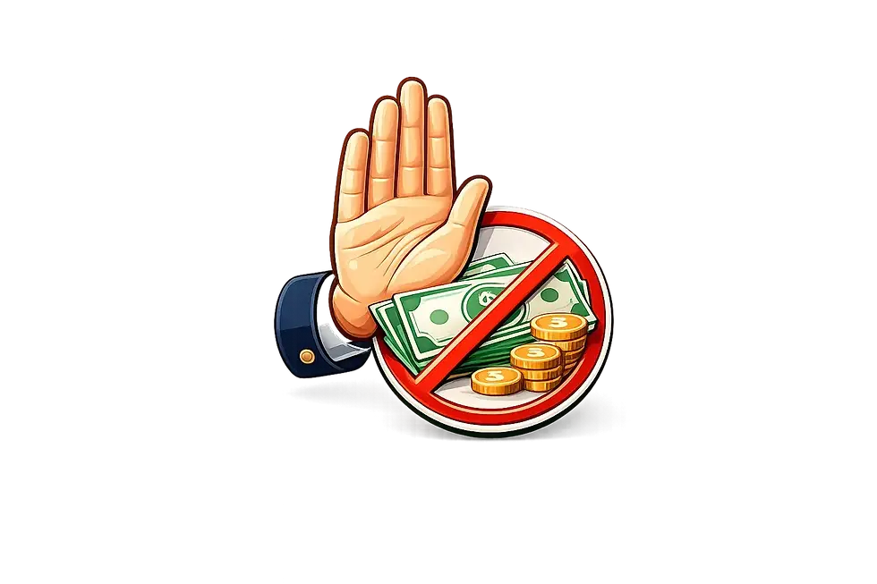 Flat hand stopping cash vector icon representing a zero donation admission policy