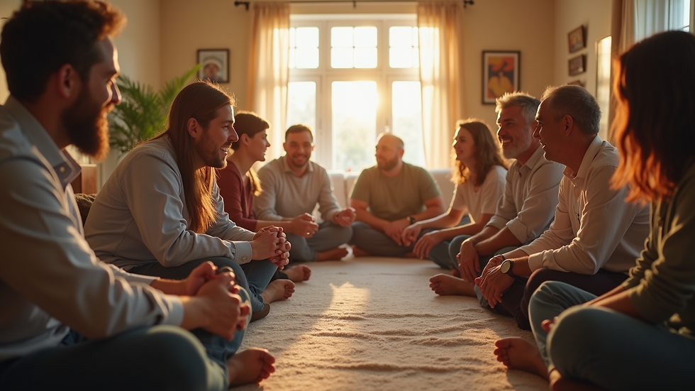 Eye-level view of a supportive community gathering for new parents