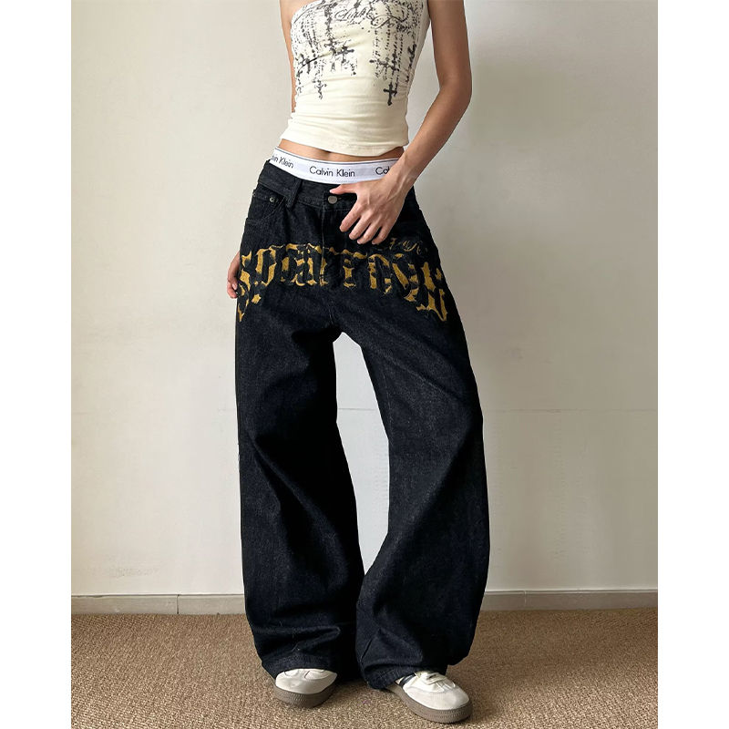 Thumbnail: Y2K Women's High Waist Wide Leg Jeans Dark Blue Leopard Print Letter Patchwork L