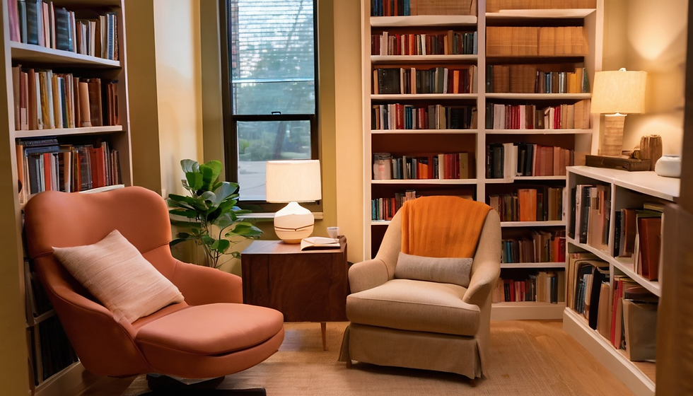 Two comfy chairs in a library