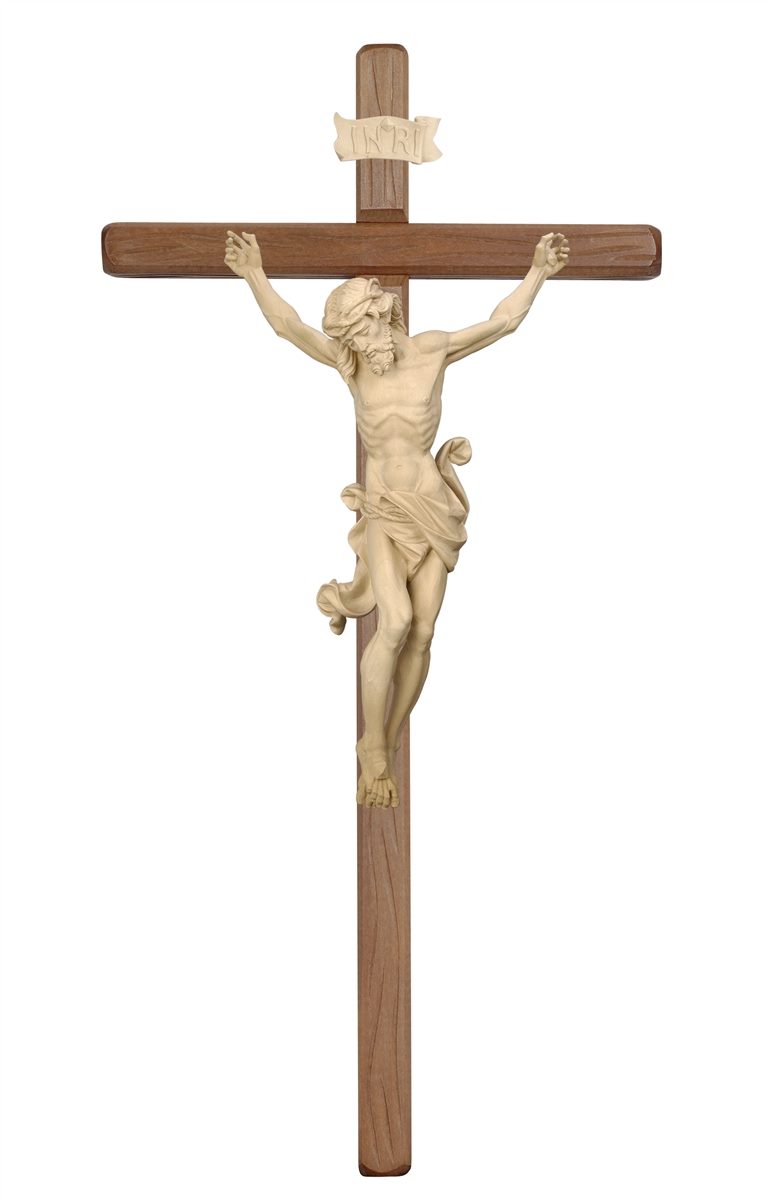 Pema Leonardo wooden crucifix with a natural wood figure and dark stained cross, model 703000D