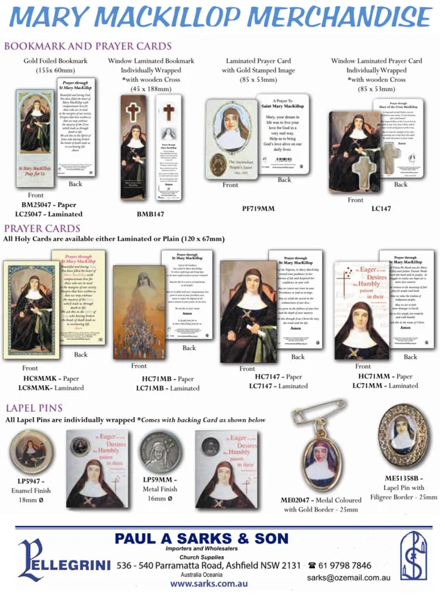 Mary MacKillop prayer cards & bookmarks — catalogue preview