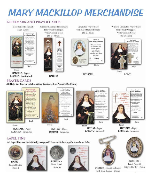 Mary MacKillop prayer cards — extended range — catalogue preview