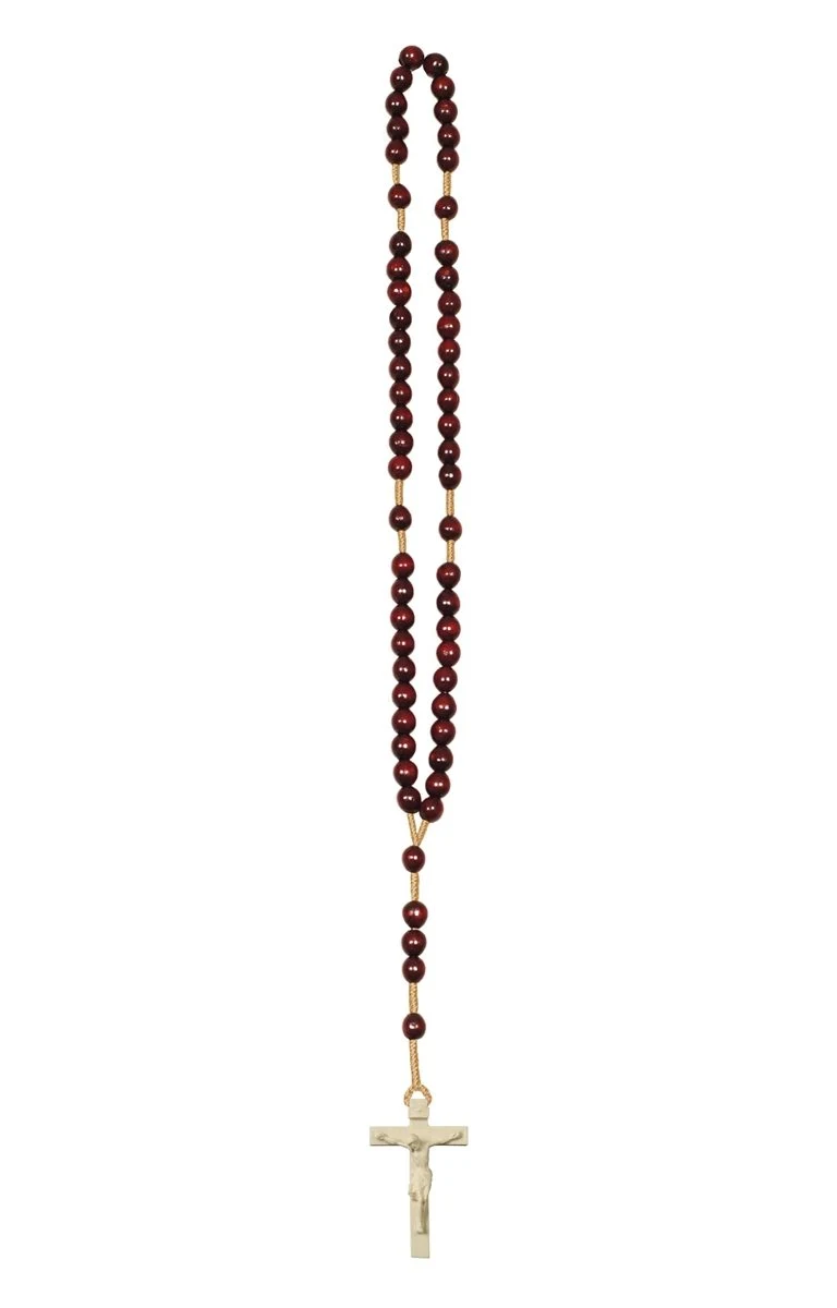 Pema wooden rosary with red-brown beads and a natural wooden crucifix