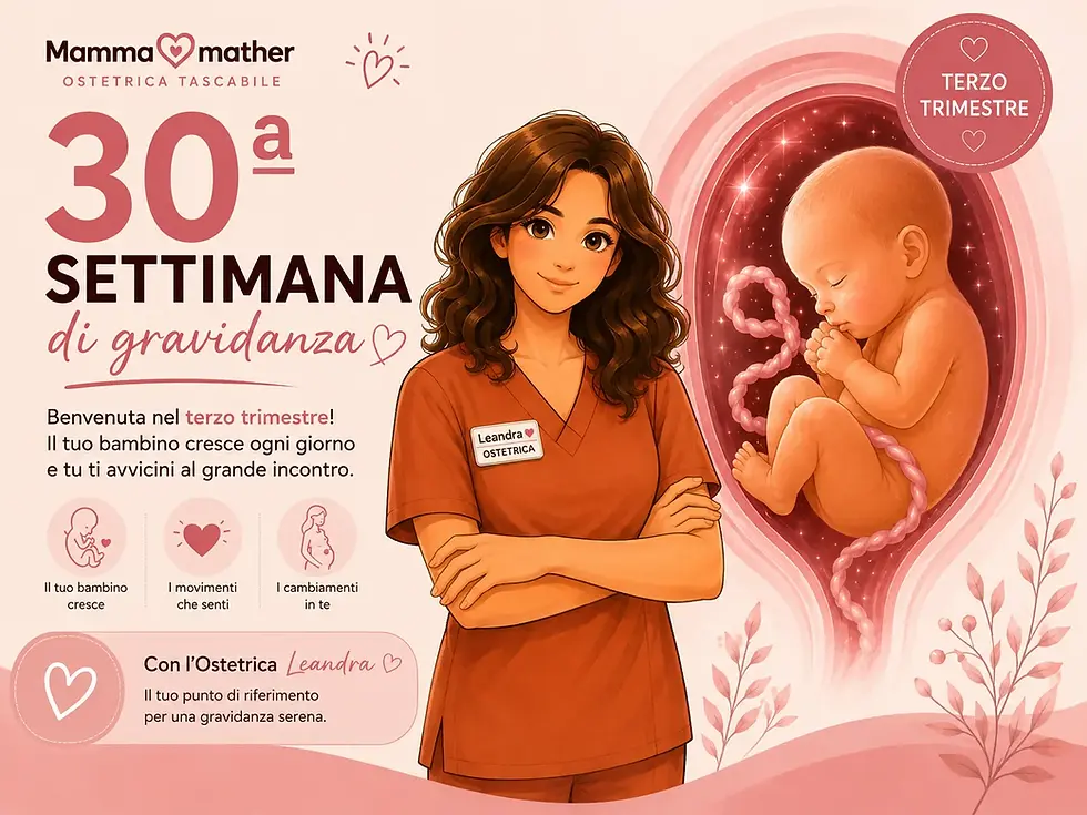 30ª settimana di gravidanza con feto nel terzo trimestre e ostetrica Leandra di Mammamather.