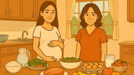 Ostetrica Mammamather e donna in gravidanza in cucina con cibi sani per un esempio di dieta in gravidanza. Menù, cibi e calorie per alimentazione corretta durante la gestazione.