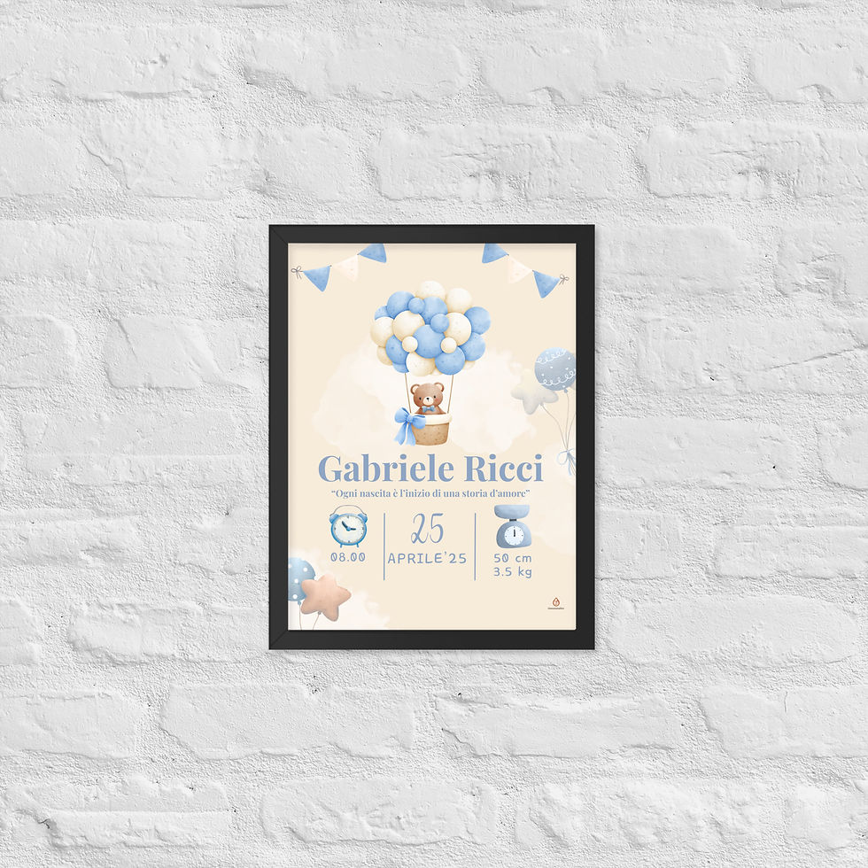 Miniatura: Quadro nascita personalizzato azzurro con cornice nera – regalo elegante per bambino