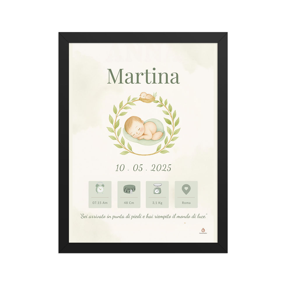 Miniatura: Quadretto battesimo neonato verde con cornice nera – design moderno e raffinato